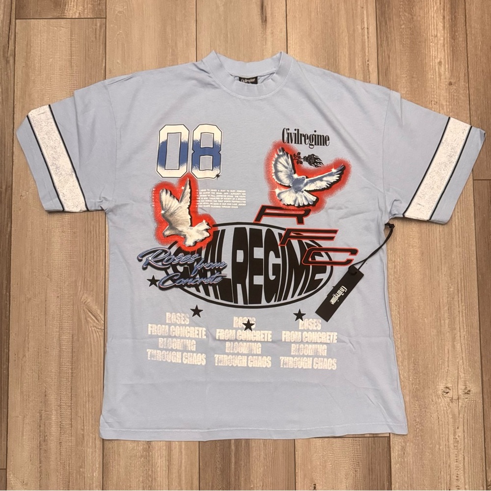 Civil Regime By Darc Sport Varsity Tee LRG Light Blue Roses From Concrete NWT